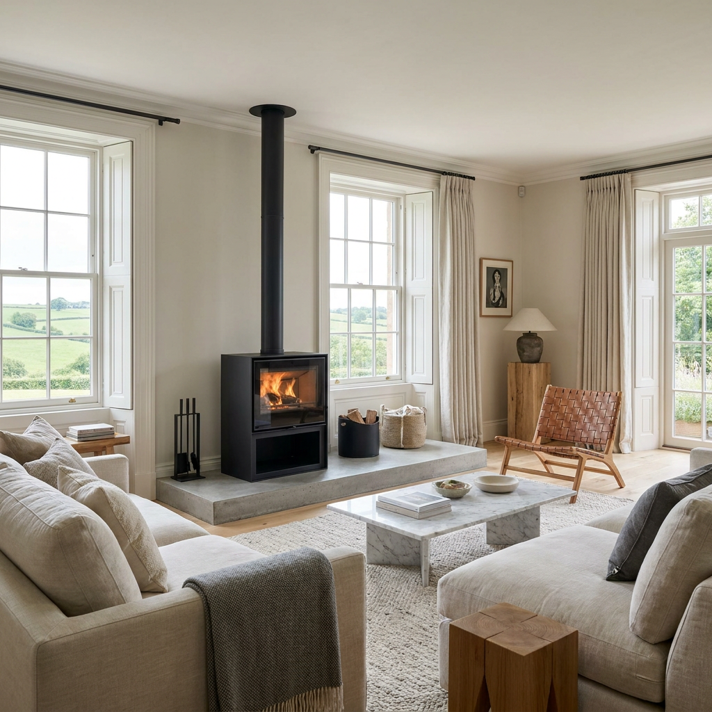 A sleek modern wood burning stove in a contemporary Cheshire living room