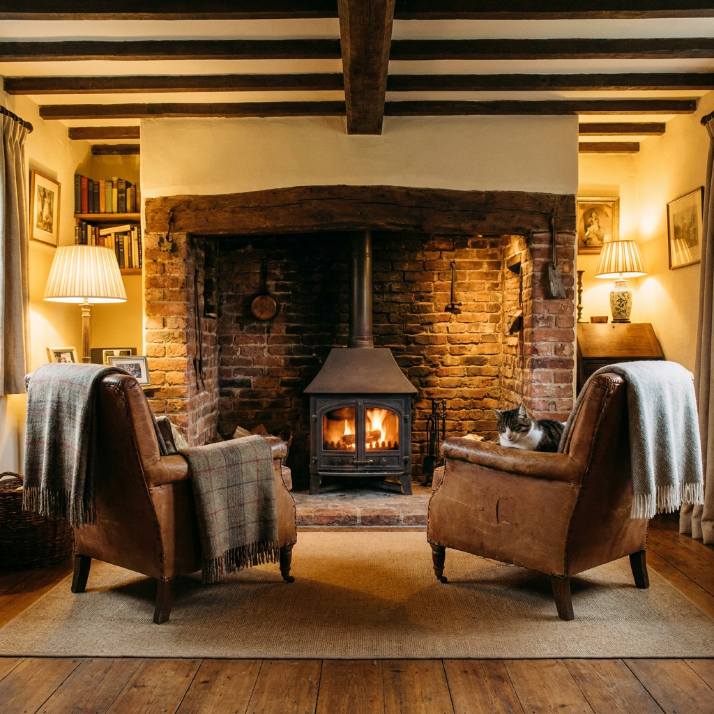 A rustic multi-fuel stove in a cozy traditional Cheshire cottage fireplace